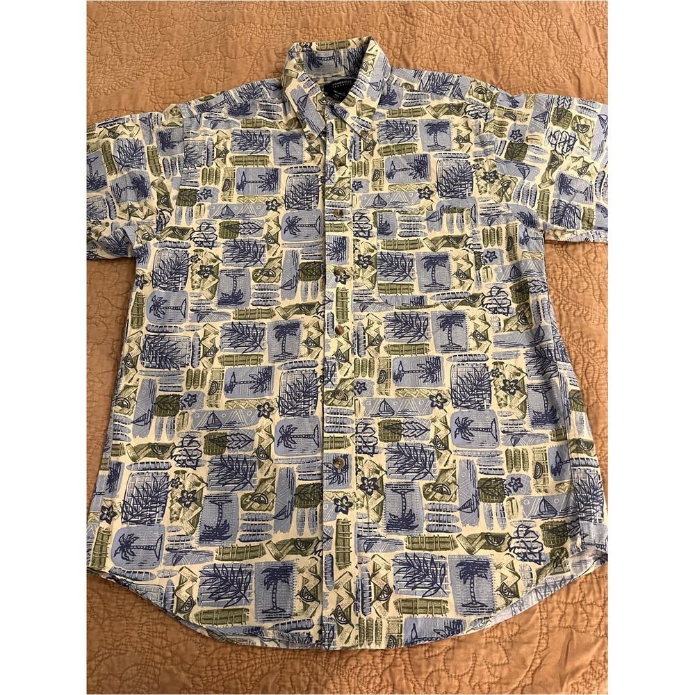 Men's 100% Cotton Short-Sleeve Button-Down Shirt Blue Green Hawaiian Beach